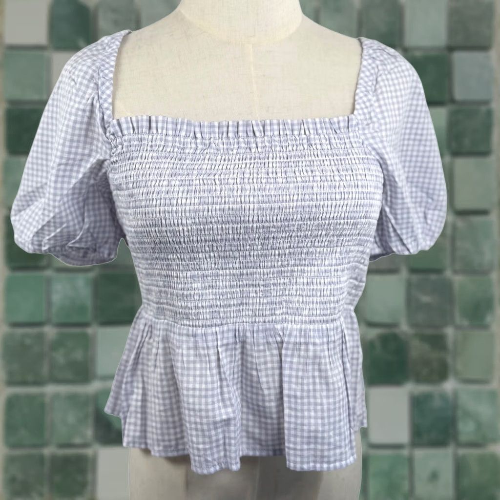 J.Crew JCrew Blouse Shirt Check Gingham Puff Short Sleeve Square Neck Peplum Smocked NWT Purple White Cottagecore Re-Imagined SP22 Women M Size M / US 6-8 / IT 42-44 - 1 Thumbnail