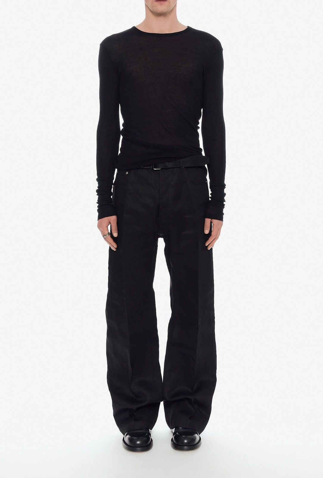Last Size Rick Owens Black Flared Waxed Linen Denim Pants