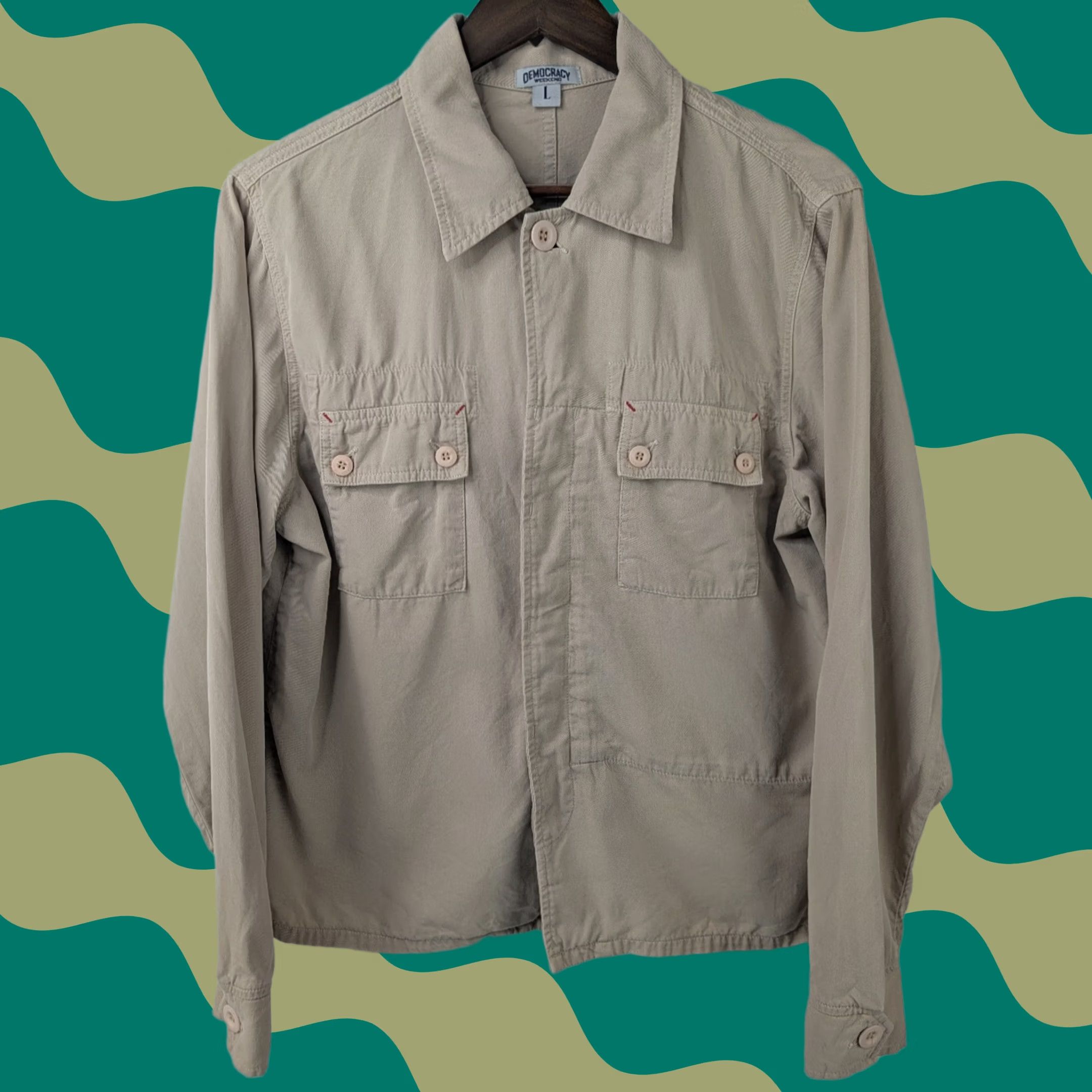 Vintage Democracy Button-Up Shirt Khaki Beige Women’s Large USA Shacket Size L / US 10 / IT 46 - 1 Thumbnail