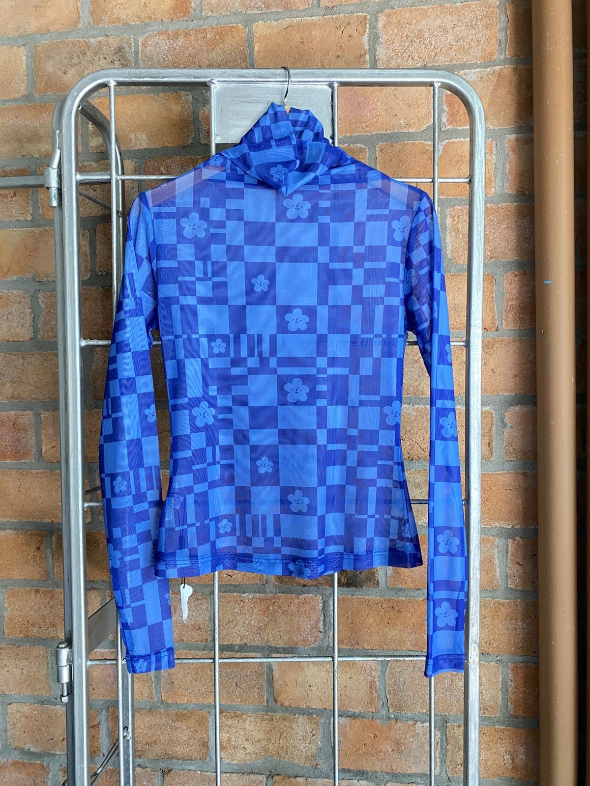 Japanese Brand Blue Sheer Checkered Floral Turtleneck Top Size S / US 4 / IT 40 - 9 Thumbnail