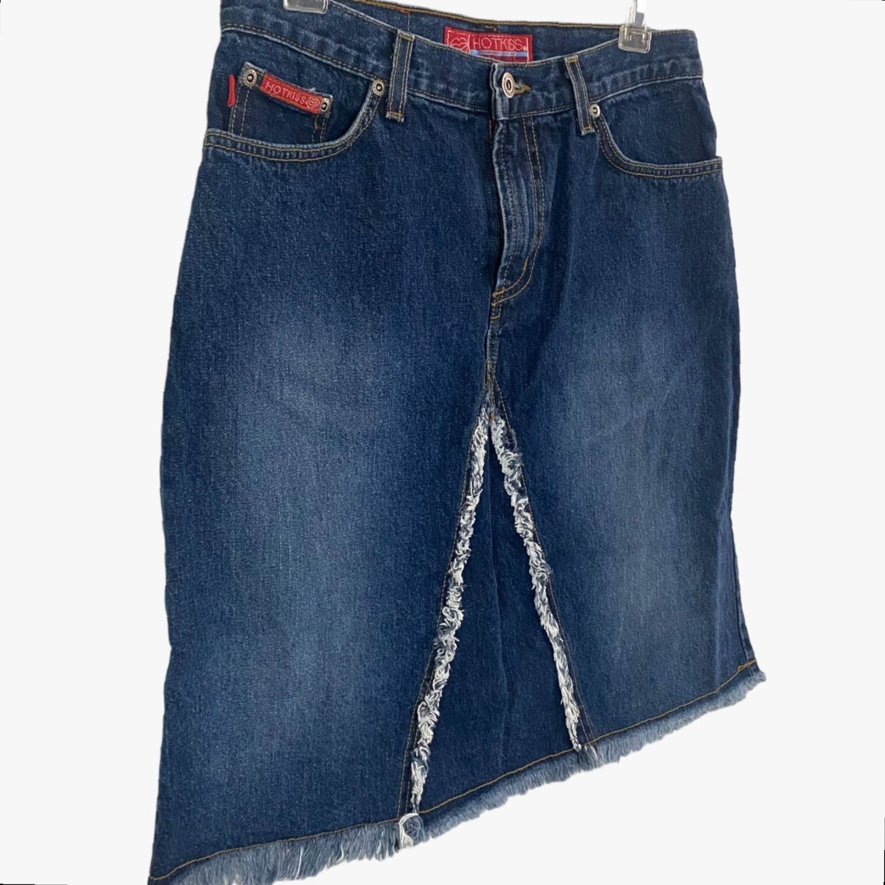 Vintage VINTAGE Hot Kiss Denim Skirt Jeans Skirt High-Waisted A-Line Fringe Blue 31 Women's Short 21" 100% Cotton Mens? Womens Size 24" / US 00 / IT 34 - 3 Thumbnail