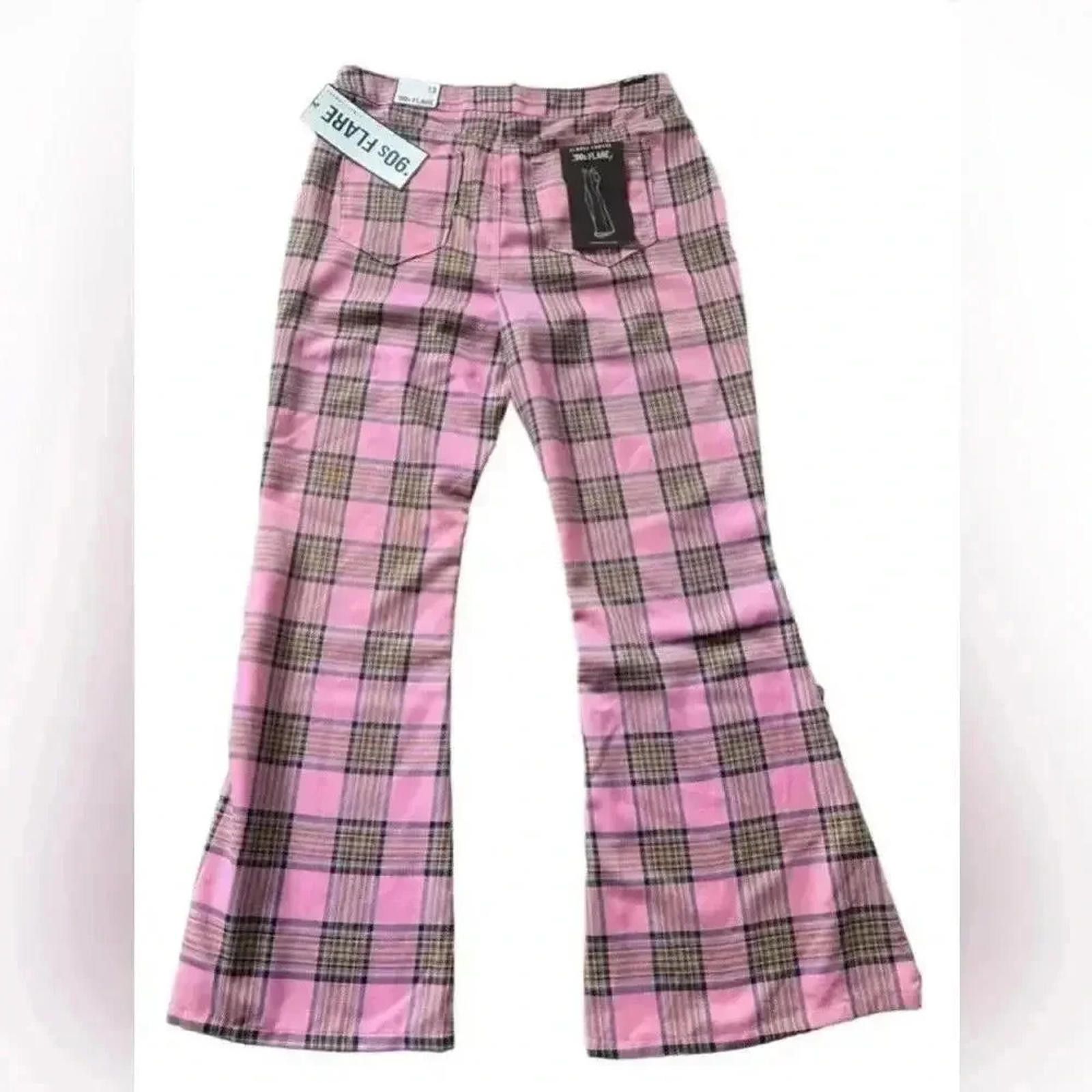 Designer Vintage Pink Plaid Flare Pants - Bohemian Chic Size 25" / US 0 / IT 36 - 2 Thumbnail