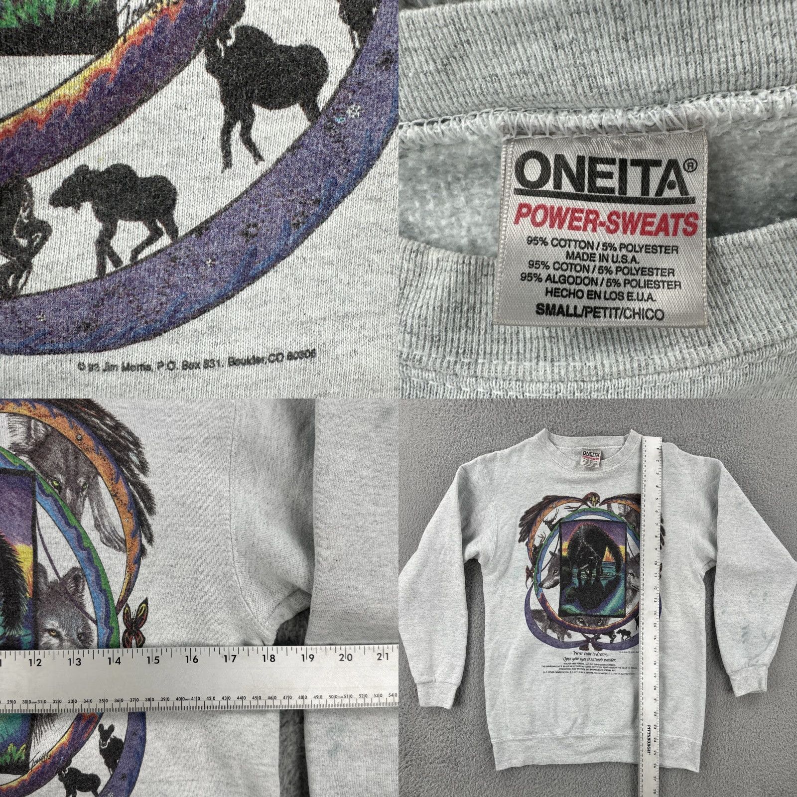 Vintage VINTAGE Oneita Power Sweats Sweatshirt Adult S Gray Wolf Graphic Print 90s Nature Mens Pullover Crewneck Regular Cotton Heavyweight Size US S / EU 44-46 / 1 - 8 Thumbnail