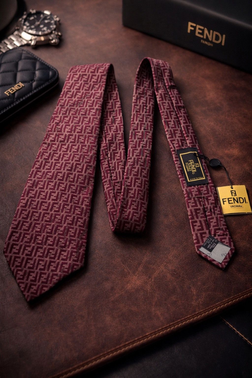 Fendi Vintage Fendi FF Monogram Silk Necktie Burgundy Designer Tie Size ONE SIZE - 1 Thumbnail