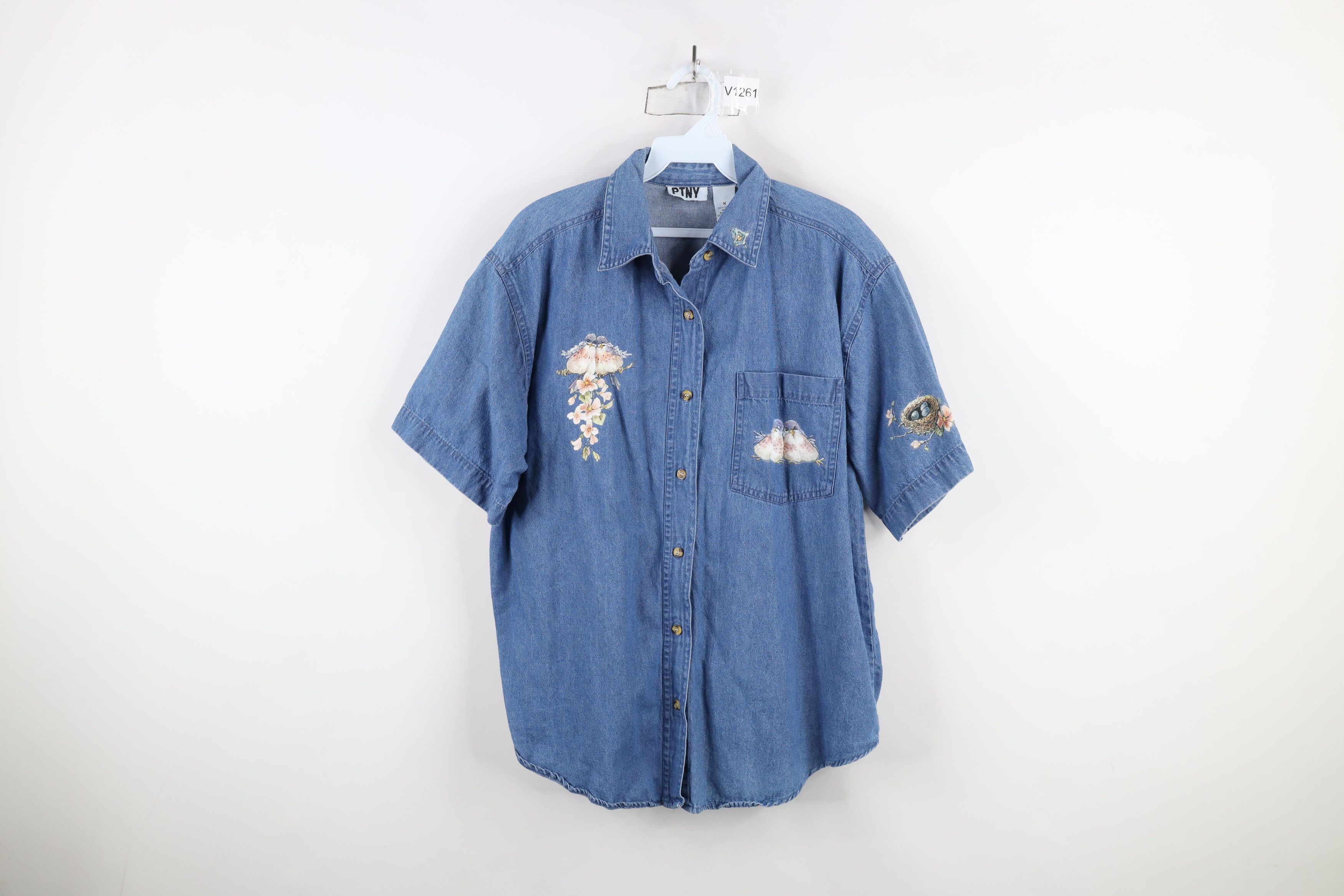 Vintage Vintage 90s Streetwear Bird Short Sleeve Denim Button Shirt Size M / US 6-8 / IT 42-44 - 1 Thumbnail