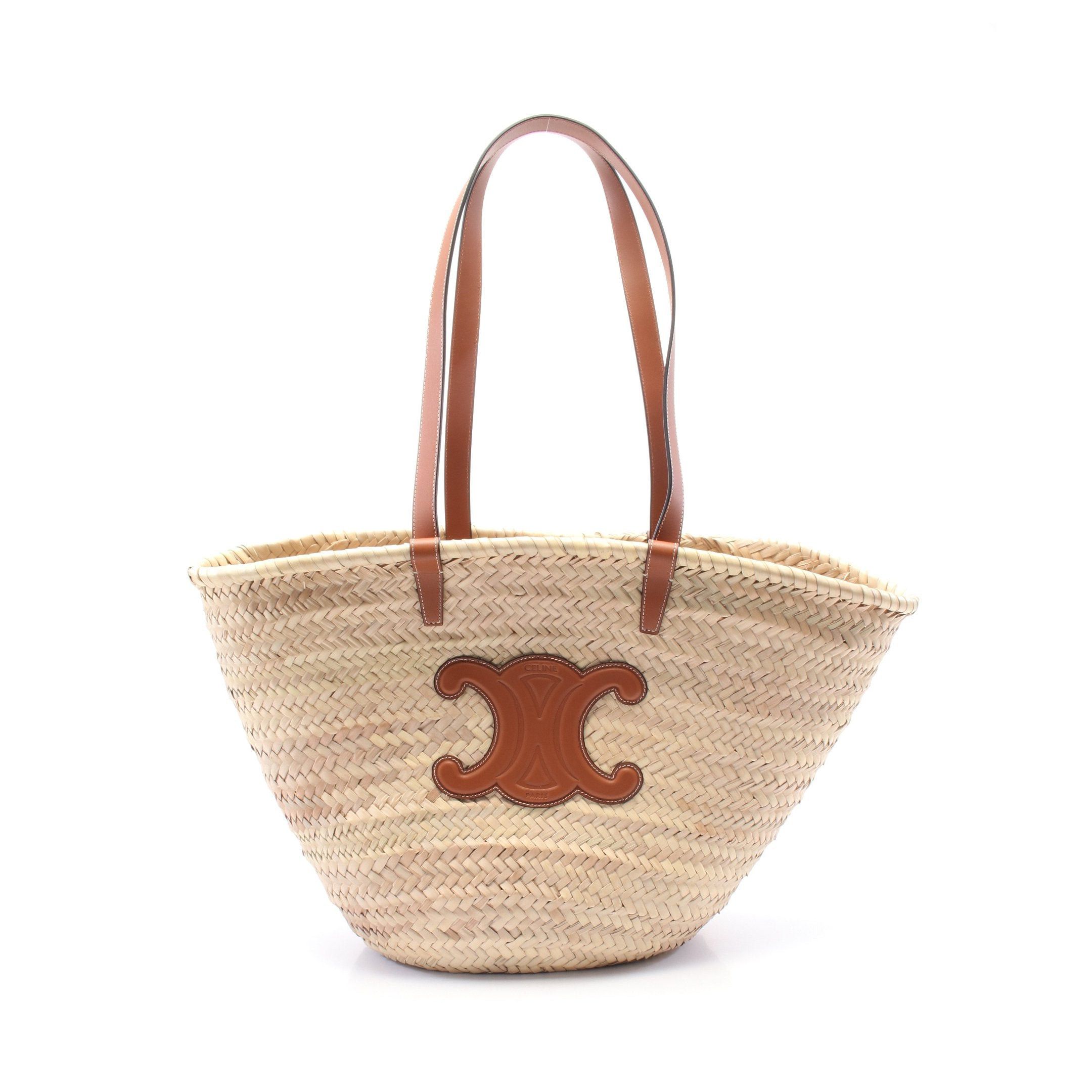 Celine Large Triomphe Basket Bag Shoulder Tote Raffia Leather Beige Light Brown, Women's