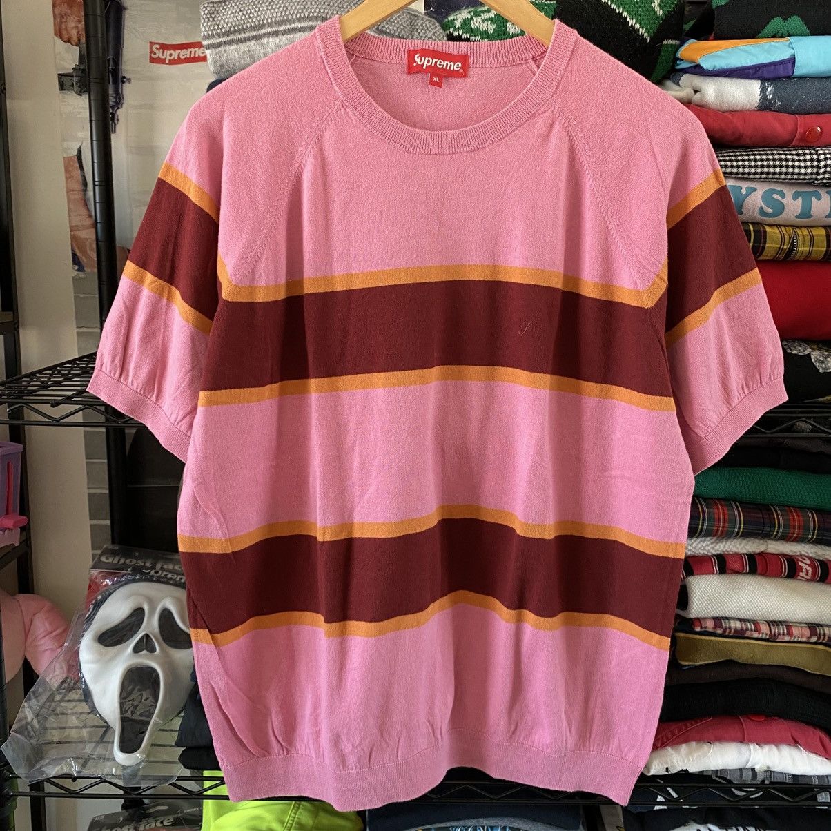 Supreme Supreme Knit Stripe Raglan Top Pink 2017 X-Large Sweater Size US XL / EU 56 / 4 - 1 Thumbnail