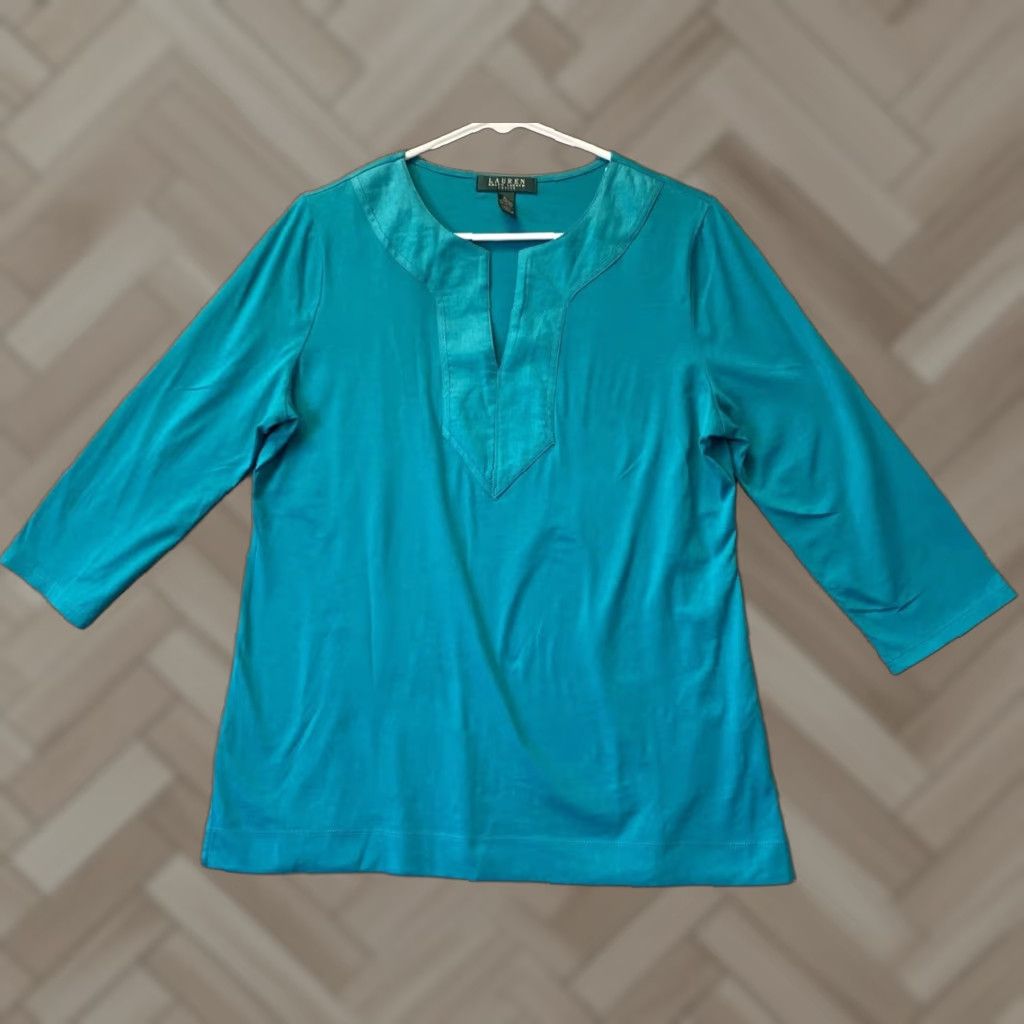 Ralph Lauren Ralph Lauren Women's Shirt Aqua LP 3/4 Sleeve V-Neck Pullover Solid Casual Size L / US 10 / IT 46 - 1 Thumbnail