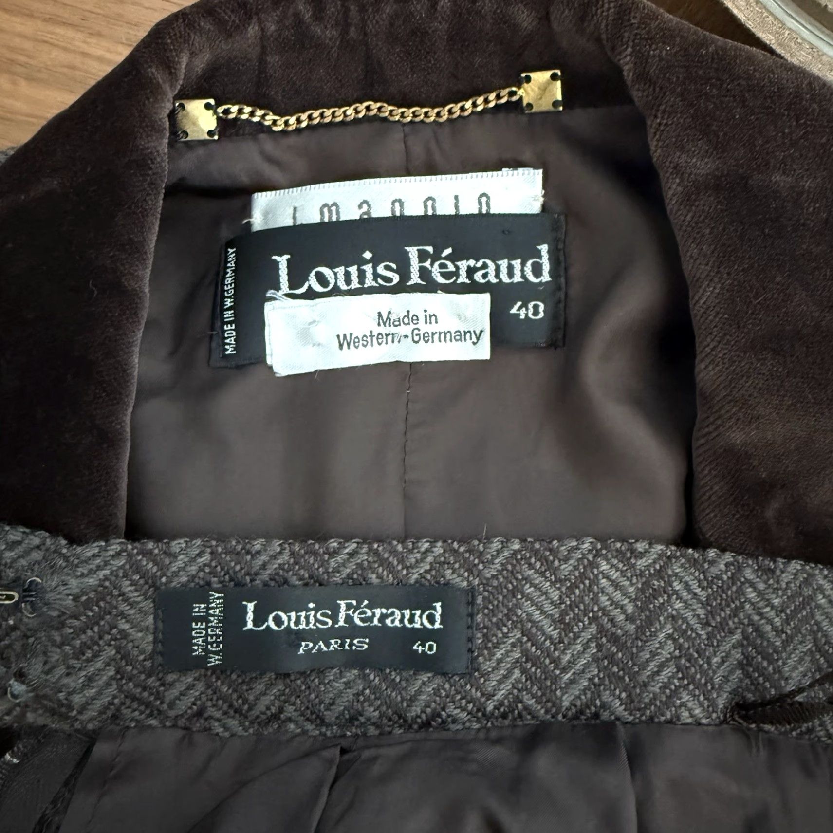 Louis Feraud VINTAGE Louis Feraud Wool Herringbone Tweed Jacket Skirt Suit Velvet Trim Sz 40 Brown/Gray 1980s Tailored Men/Women? Size 32" / US 10 / IT 46 - 5 Thumbnail