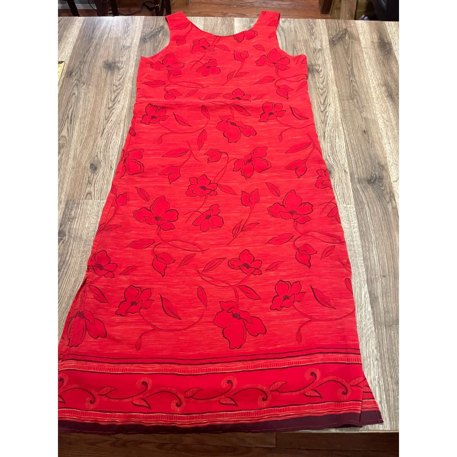 Vintage A WILD THYME Dress Women’s 14P Sleeveless Floral Maxi Red Brown, Petite, Casual, Spring Summer Fall, Round Neck, Flower Women Men’s? Size XL / US 12-14 / IT 48-50 - 2 Thumbnail