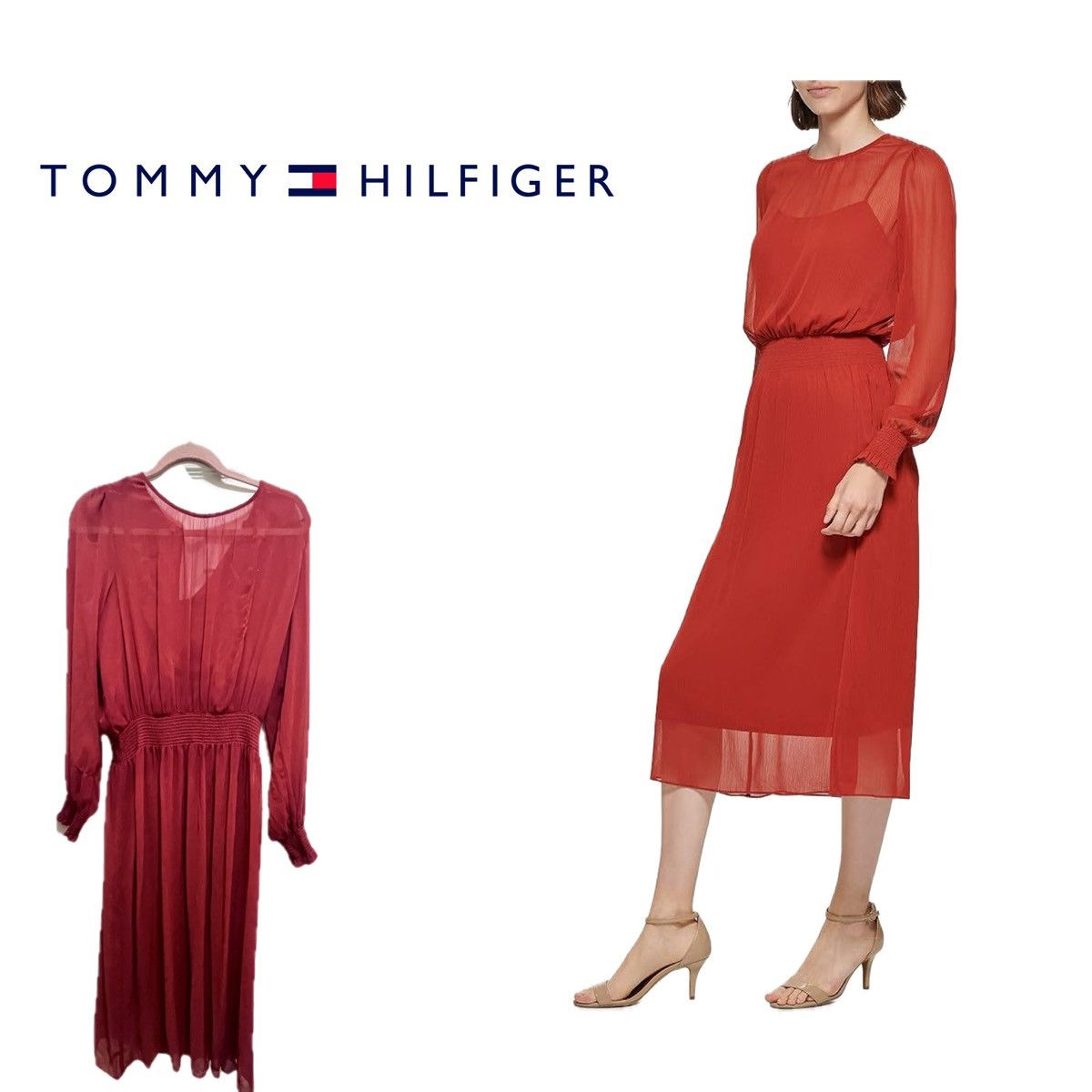 Tommy Hilfiger Tommy Hilfiger Women's Sintched Waist Midi Dress Scarlet MED Size M / US 6-8 / IT 42-44 - 6 Thumbnail