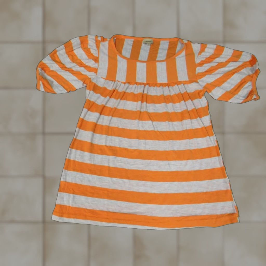 Vintage Ella Moss Womens Blouse XS Orange Striped Stretch Crew Neck Short Sleeve Casual Button Pullover 90s? (Note: 90s not in original) Size XS / US 0-2 / IT 36-38 - 1 Thumbnail