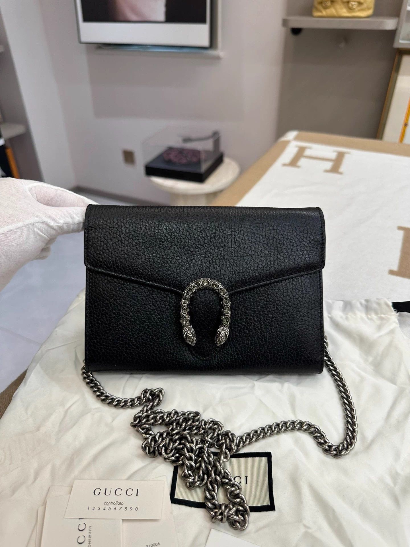 Gucci Dionysus WOC Black Crystal Buckle Leather Bag