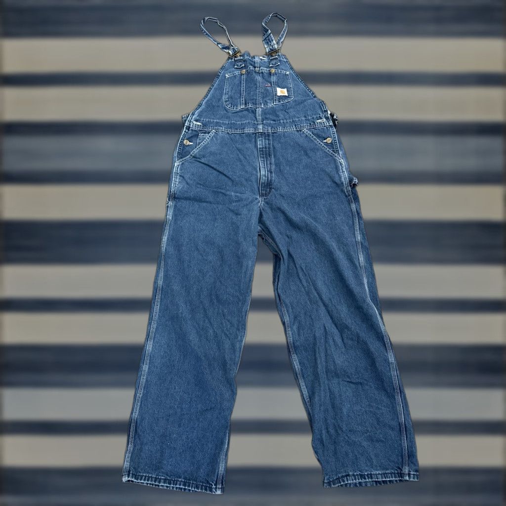 Carhartt Carhartt Bib Overalls Mens Blue Denim Carpenter Zip Suspender Buttons High Rise Regular Big & Tall 40x24 40 In Inseam 40" Width 30" Width Size US 44 / EU 60 - 1 Thumbnail
