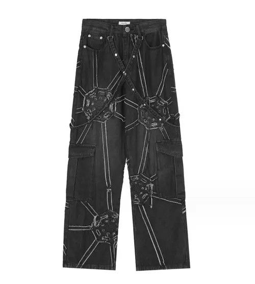 VIBE High street design spider web denim straight trousers Size US 34 / EU 50 - 1 Thumbnail