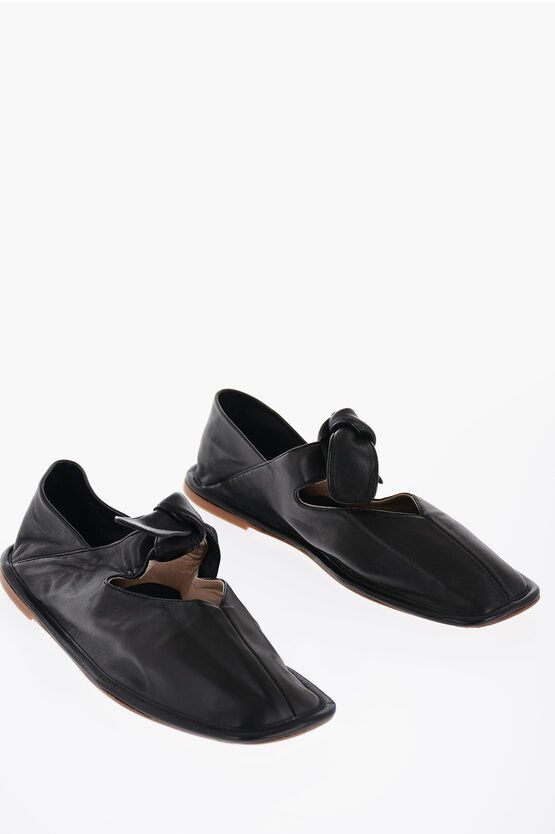 image of Hereu Square Toe Soft Leather Llasada Ballet Flats With Bow in Black, Women's (Size 6)