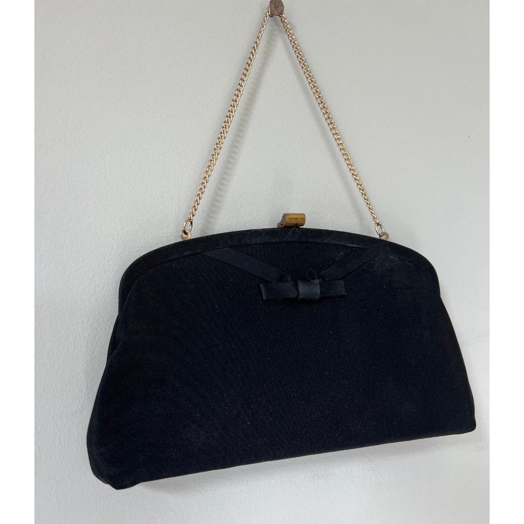Vintage 1950s Vintage Black Clutch w/Bow & Chain Handle Purse Size ONE SIZE - 3 Thumbnail