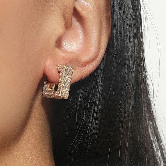 The Unbranded Brand Women Stainless Steel Rhinestone Geometric Hoop Earrings Size ONE SIZE - 2 Thumbnail