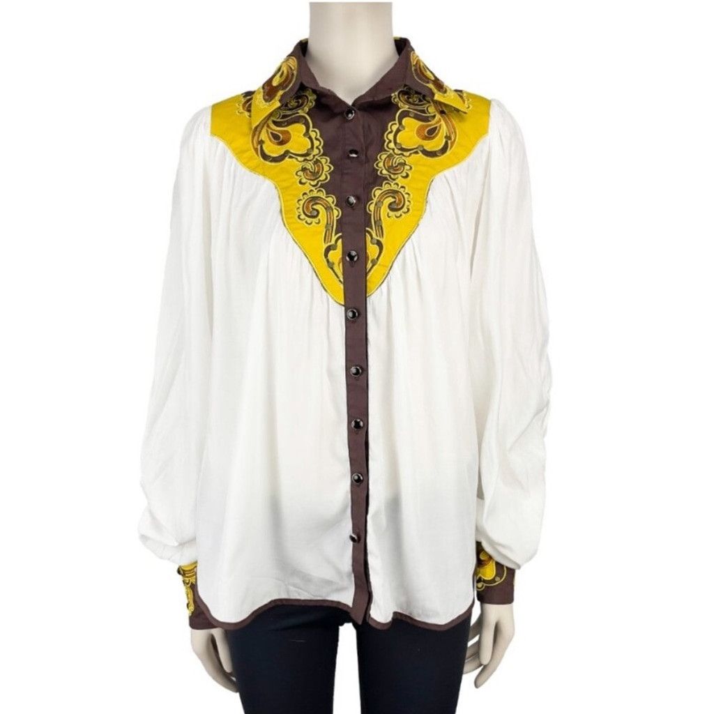 Other BEULAH Bohemian Shirt Blouse White Yellow Brown Luxury Top S Size S / US 4 / IT 40 - 2 Thumbnail