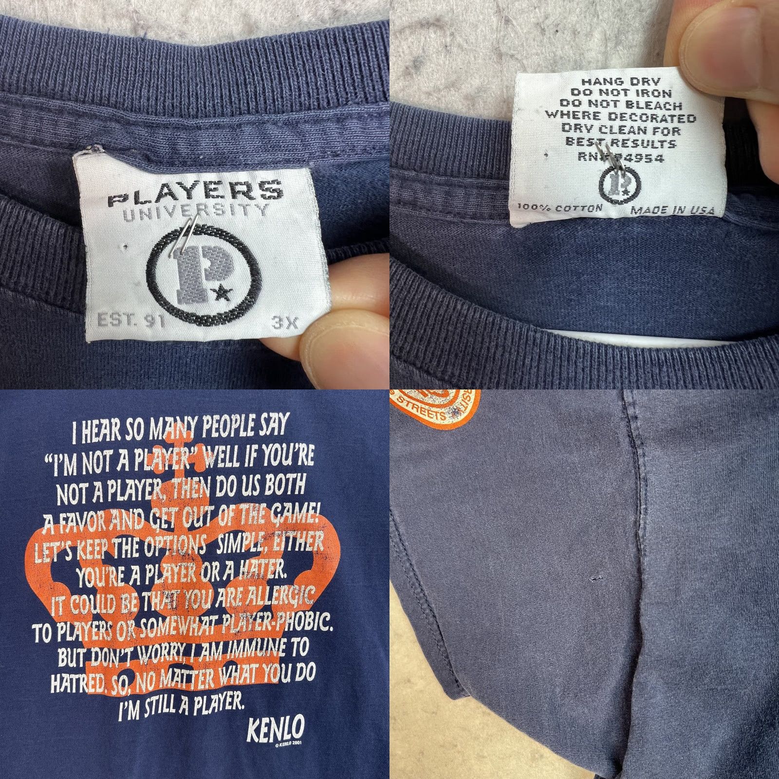 Vintage VINTAGE Players University Kenlo 90s Blue Graphic Tee T Shirt Adult 3XL Men USA Made Shirt Mens Size US XXL / EU 58 / 5 - 8 Thumbnail