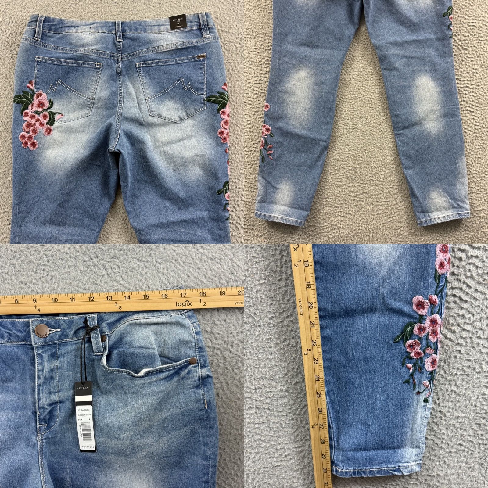 Denime Max Jeans Womens 14 Blue Mid Rise Skinny Denim Floral Embroidered Outdoor NWT Size 36" / US 14 / IT 50 - 8 Thumbnail