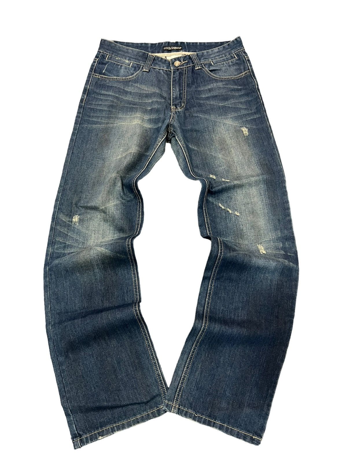 image of Dolce Gabbana Indigo Wash Distressed Flared Denim in Blue, Men's (Size 30)