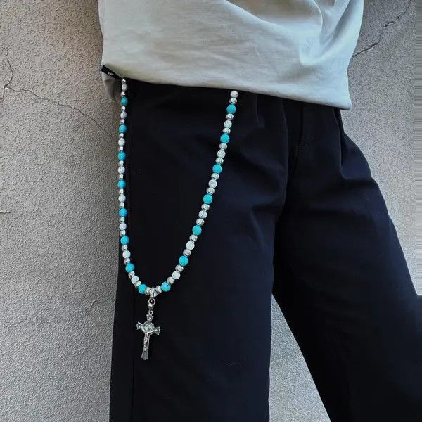 Jewelry Blue Beaded Cross Wallet Chain, Belt Chain, Pants Chain Size ONE SIZE - 2 Thumbnail