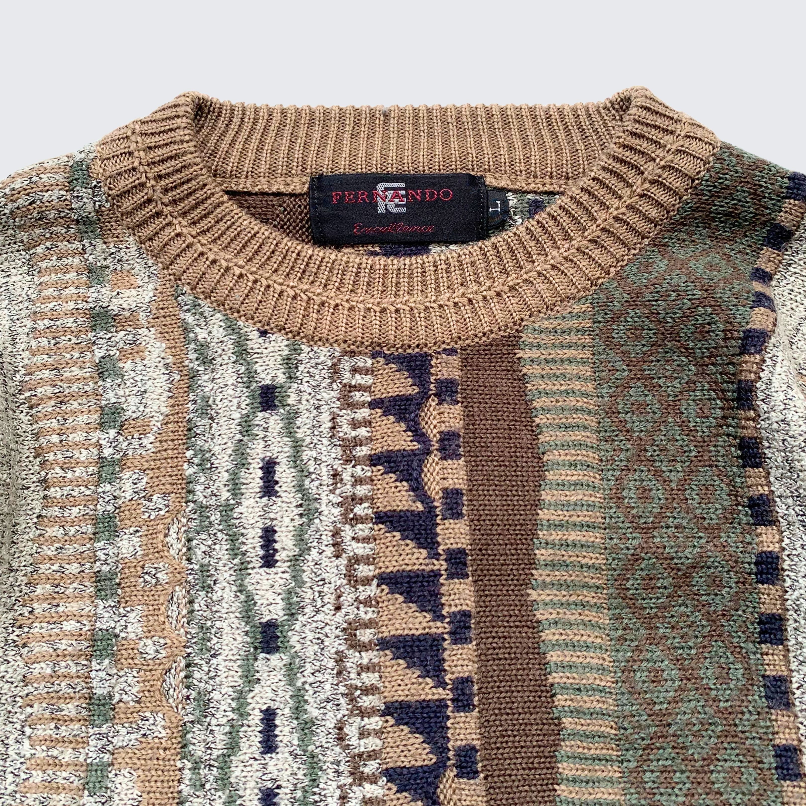 Vintage 1990s Fernando Italy 3D Pattern Coogi Style Knit Sweater Size US L / EU 52-54 / 3 - 2 Thumbnail