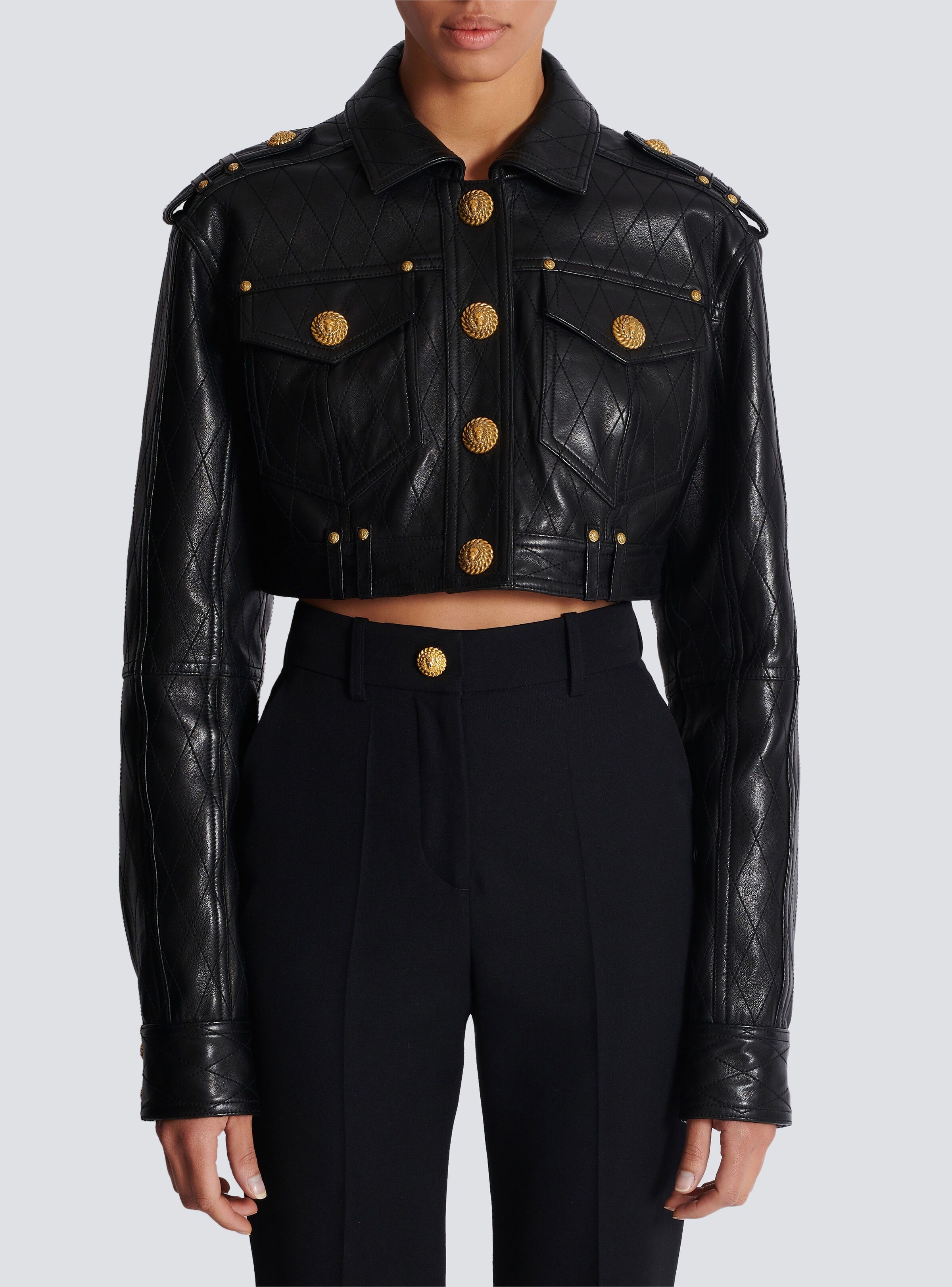 Balmain o1s1wg110725 Topstitched Cropped Leather Jacket in Black Size M / US 6-8 / IT 42-44 - 8 Thumbnail