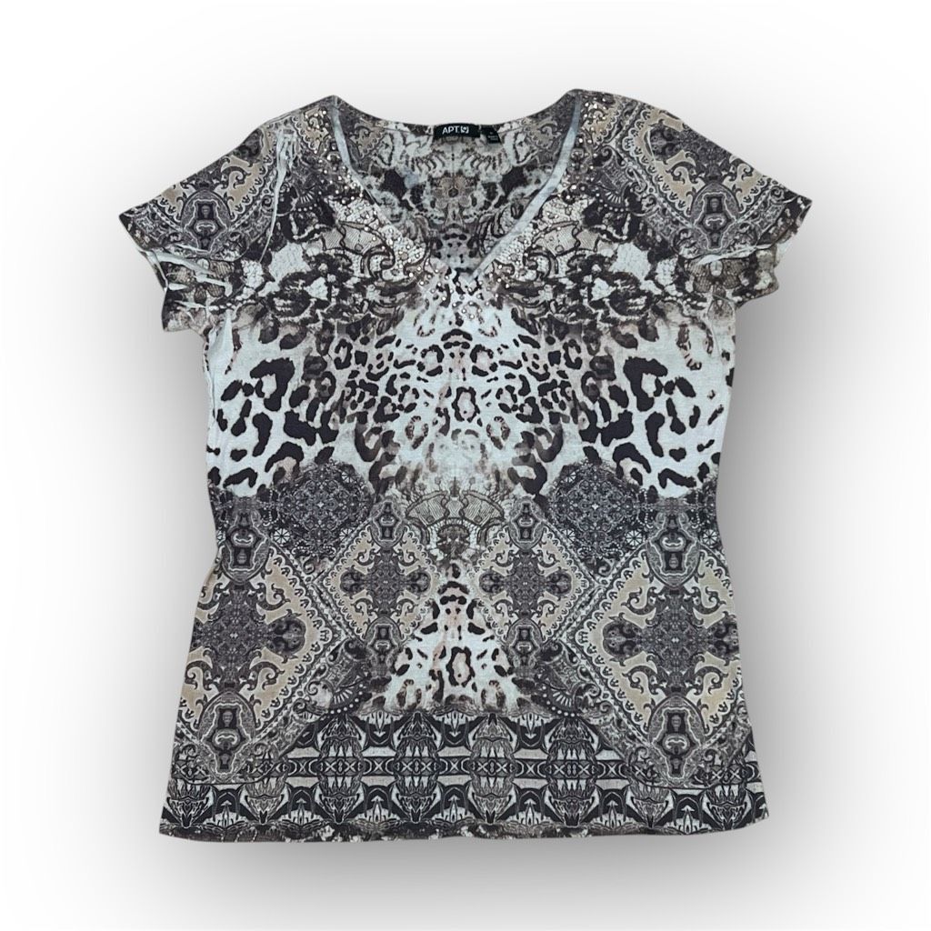 Apt. 9 Apt. 9, Animal Print Short Sleeve T-Shirt, Jeweled Neckline, Size S / US 4 / IT 40 - 1 Thumbnail