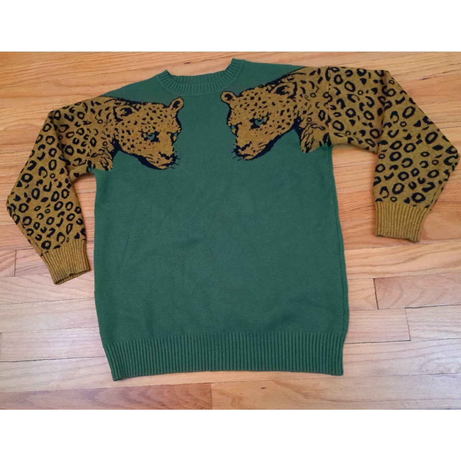 Vintage Leopard Head Sleeves Woman Small Knit Sweater Green Crew Neck Long Sleeve Pullover Knit Cotton Polyester Size S / US 4 / IT 40 - 5 Thumbnail