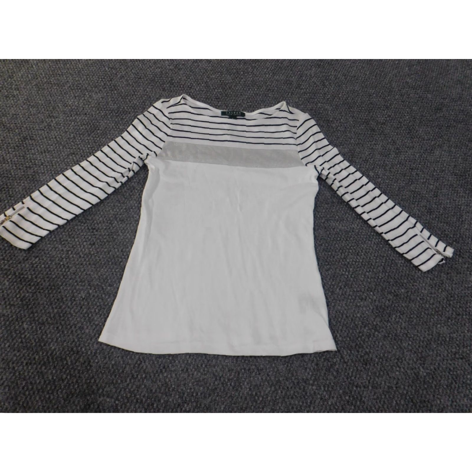 Ralph Lauren Lauren Ralph Lauren Blouse Womens Small White Striped Knit Cotton Zip Round Neck Casual Long Sleeve Regular Fit Geometric Pattern Size S / US 4 / IT 40 - 2 Thumbnail