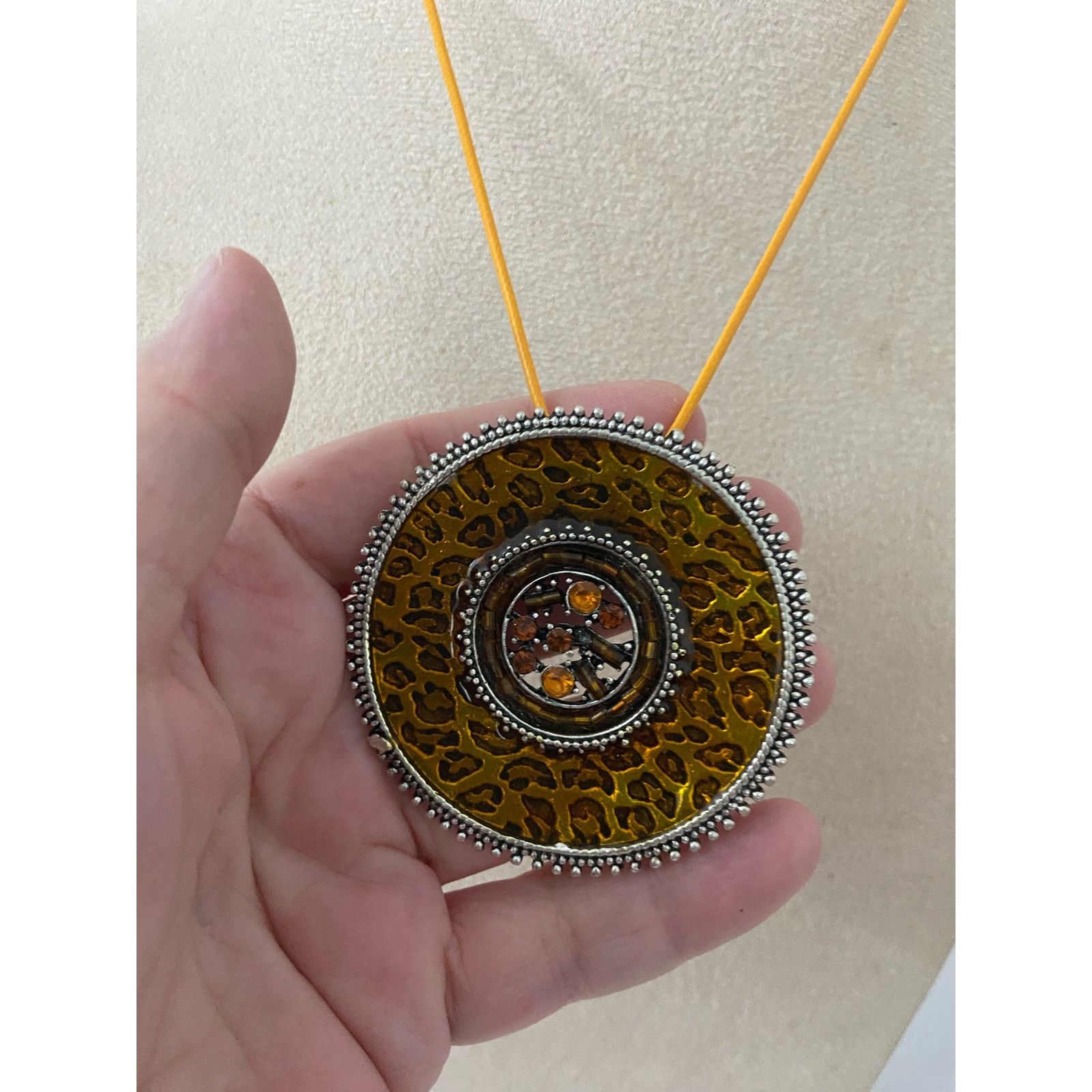 Other UpCycled orange leopard, large round pendant necklace Size ONE SIZE - 4 Thumbnail