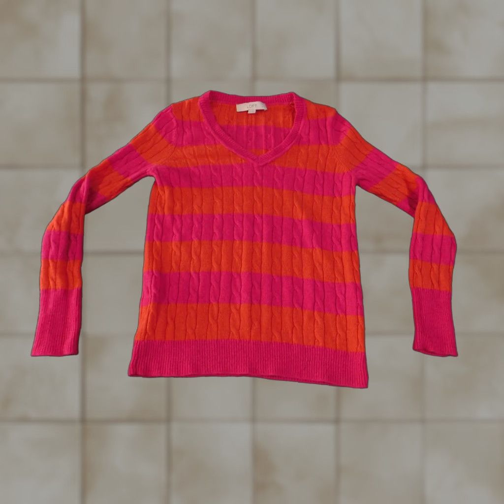 Loft LOFT Sweater Womens Petite Medium Pink Orange Stripe Cable Knit V Neck Pullover Knit Pattern Regular Size M / US 6-8 / IT 42-44 - 1 Thumbnail
