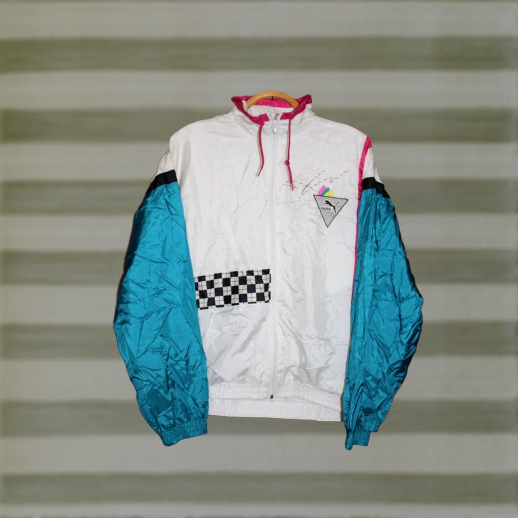 VINTAGE Puma Track Jacket Unisex Adults Size 8 White Pink Green Nylon Zip Long Sleeve Regular 1990s