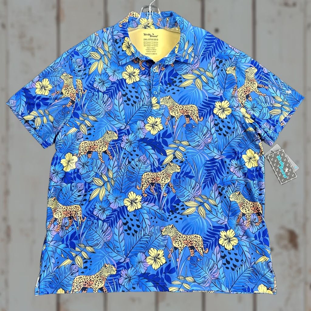 Vintage Polo Golf Shirt Mens 2XL Blue Cheetah Leopard Print Casual Activewear Short Sleeve Polo Shirt Azure Blue Navy Leopard Theme Size US XXL / EU 58 / 5 - 1 Thumbnail