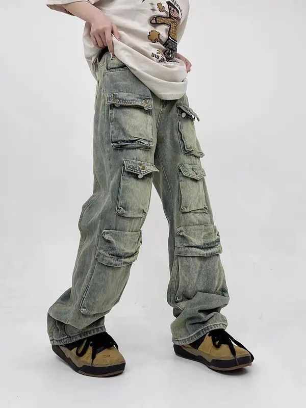 VIBE Retro yellow mud-dyed washed distressed multi-pocket jeans Size US 32 / EU 48 - 2 Thumbnail