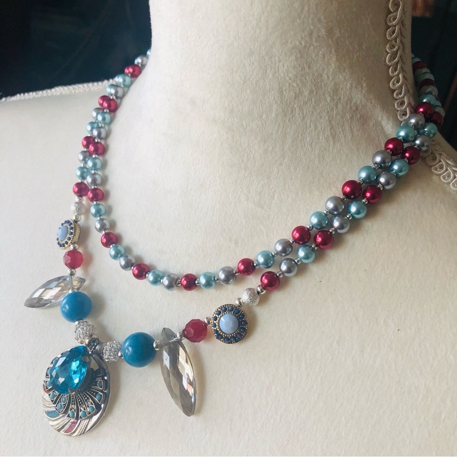 Handmade Handcrafted repurpose double strand turquoise Pearl necklac Size ONE SIZE - 4 Thumbnail
