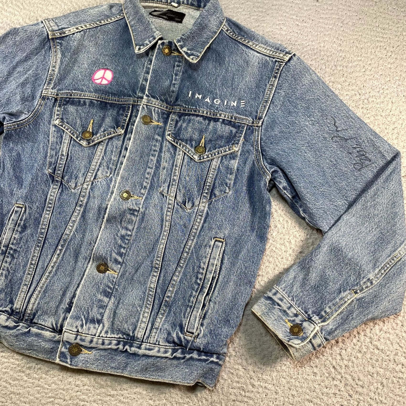 Denime VINTAGE John Lennon Denim Jacket Mens S Blue Imagine The Beatles 90s Trucker Size US S / EU 44-46 / 1 - 3 Thumbnail