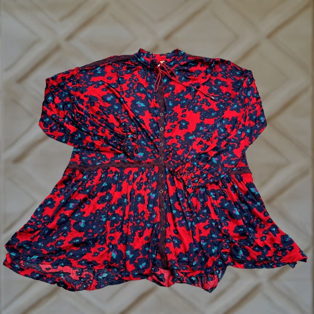 Free People Free People Floral Mini Dress Womens XS Navy Red Button Front Long Sleeve Boho Size XS / US 0-2 / IT 36-38 - 1 Thumbnail