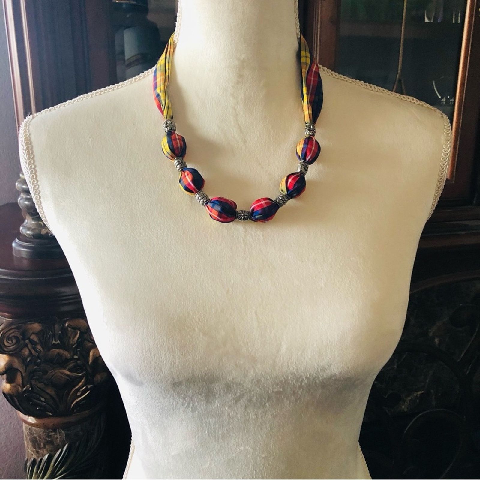 Handmade Country Girl red yellow & blue plaid fabric bead necklace Size ONE SIZE - 4 Thumbnail
