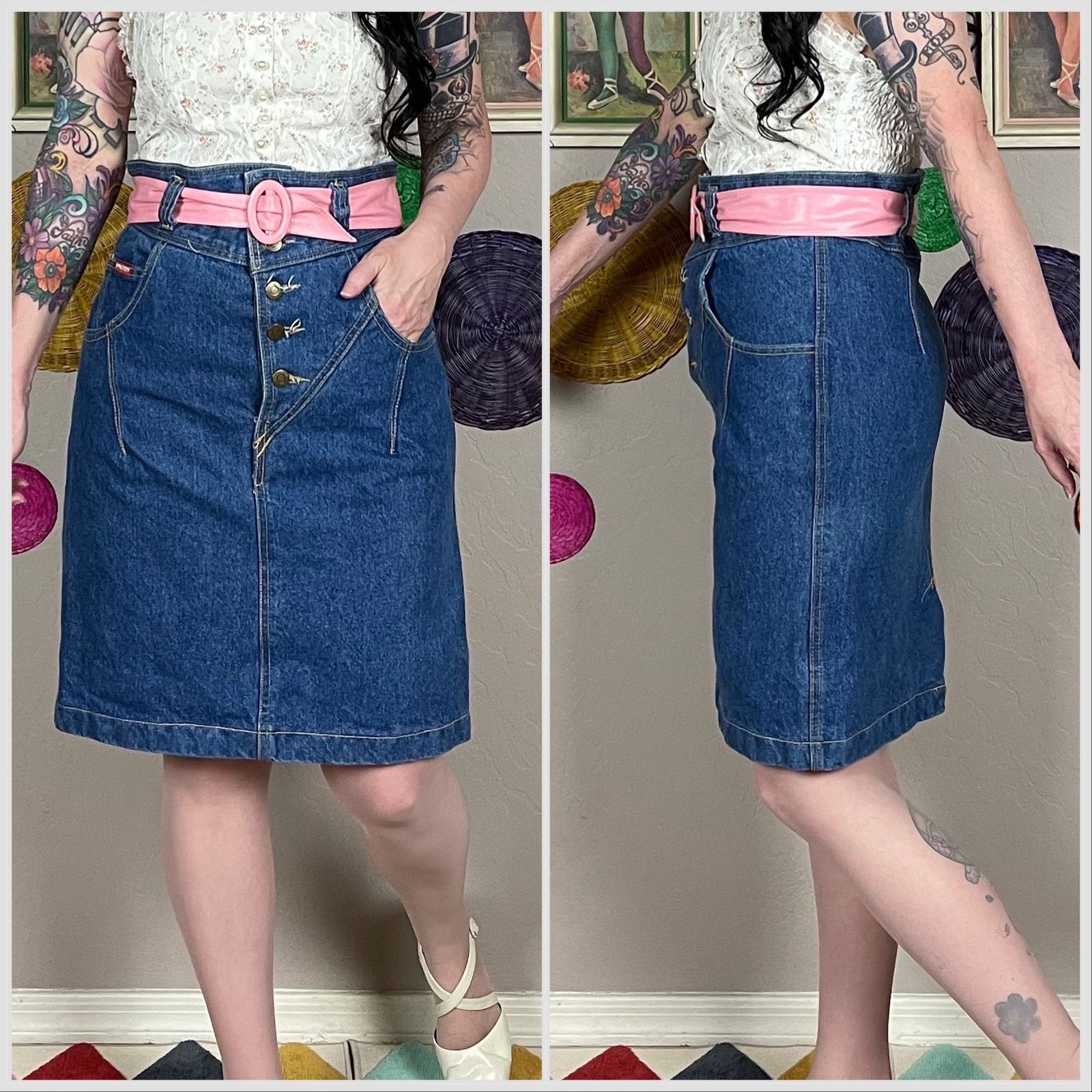 Vintage Vintage 1980s High Waist Mini Denim Jean Miniskirt Size 32" / US 10 / IT 46 - 2 Thumbnail