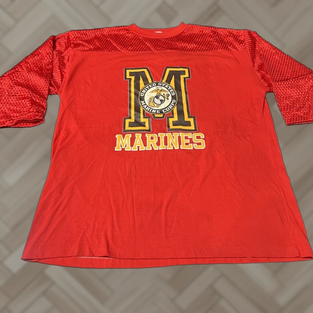 VINTAGE Artex USMC US Marine Corps Heavy Raglan T Shirt Bulldog Sz M Red 70s Knit Cotton Flocked Mens / Unisex Adults T-Shirt Size M