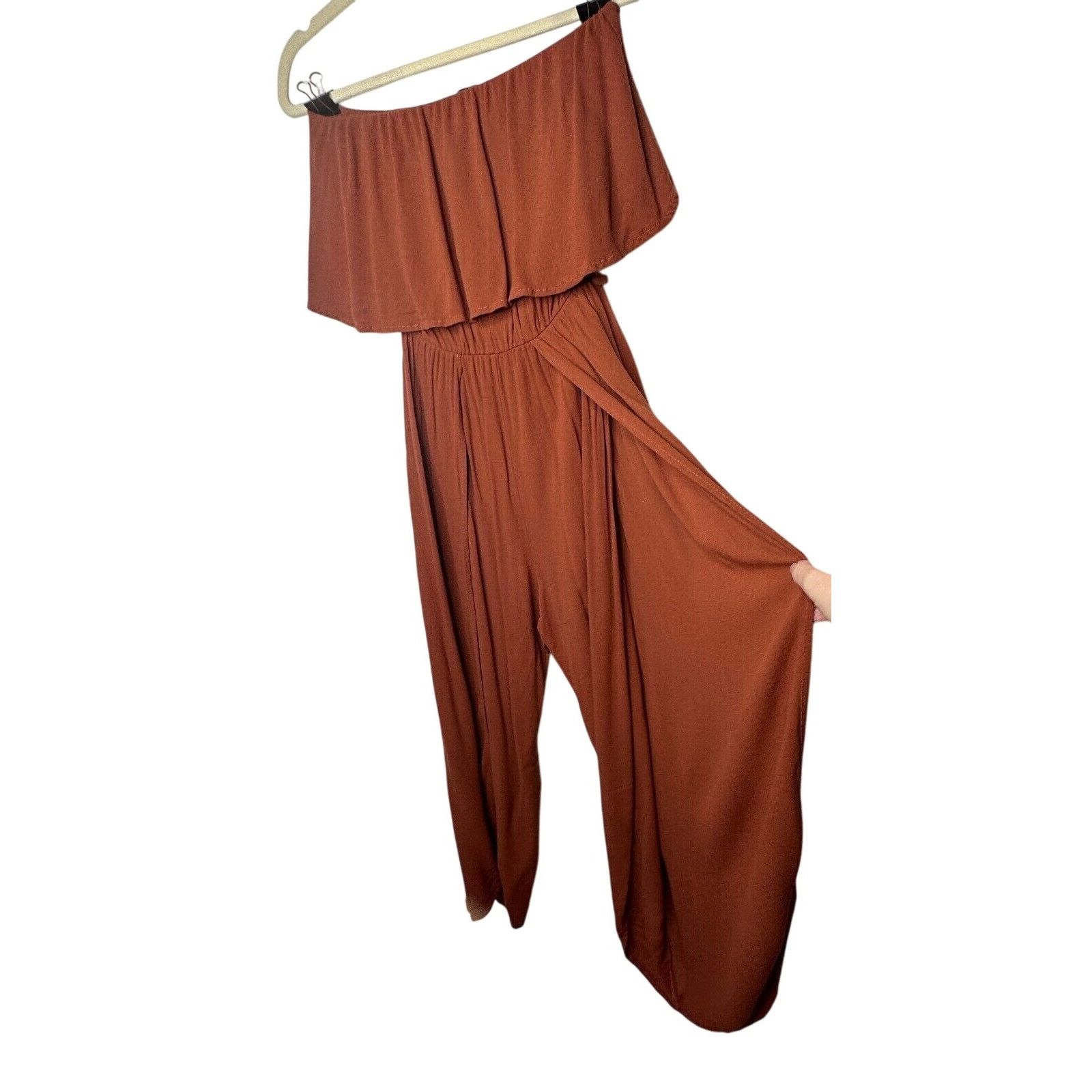 Other Angl Rust Ruffle Off-Shoulder Harem Slit Pant Jumpsuit S Size 27" / US 4 / IT 40 - 2 Thumbnail