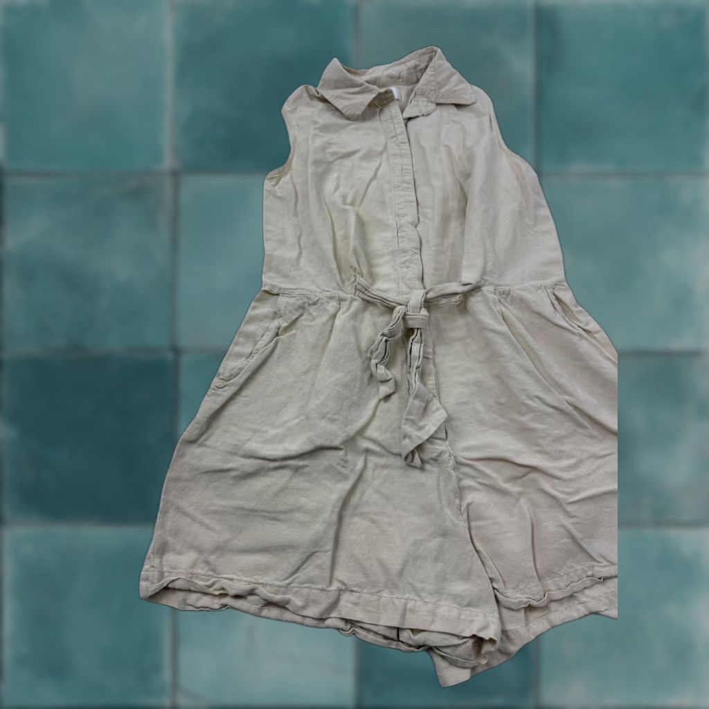 Anthropologie Japna Romper Womens Medium Beige Linen Blend Sleeveless One-Piece Casual Summer Belted Collared Button Front Size 32" / US 10 / IT 46 - 1 Thumbnail