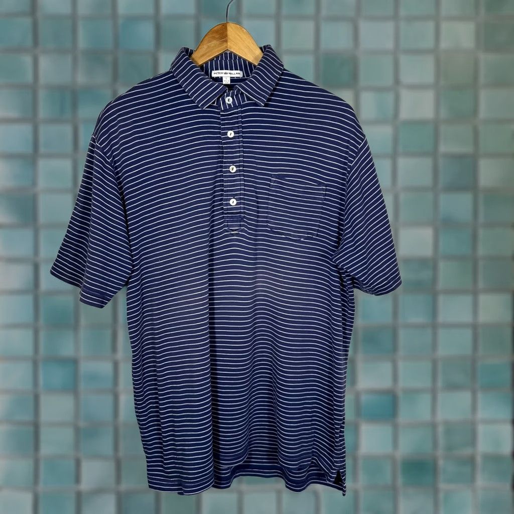 Peter Millar Peter Millar Mens Large Blue White Striped Cotton Short Sleeve Polo MF13K26 Size US L / EU 52-54 / 3 - 1 Thumbnail