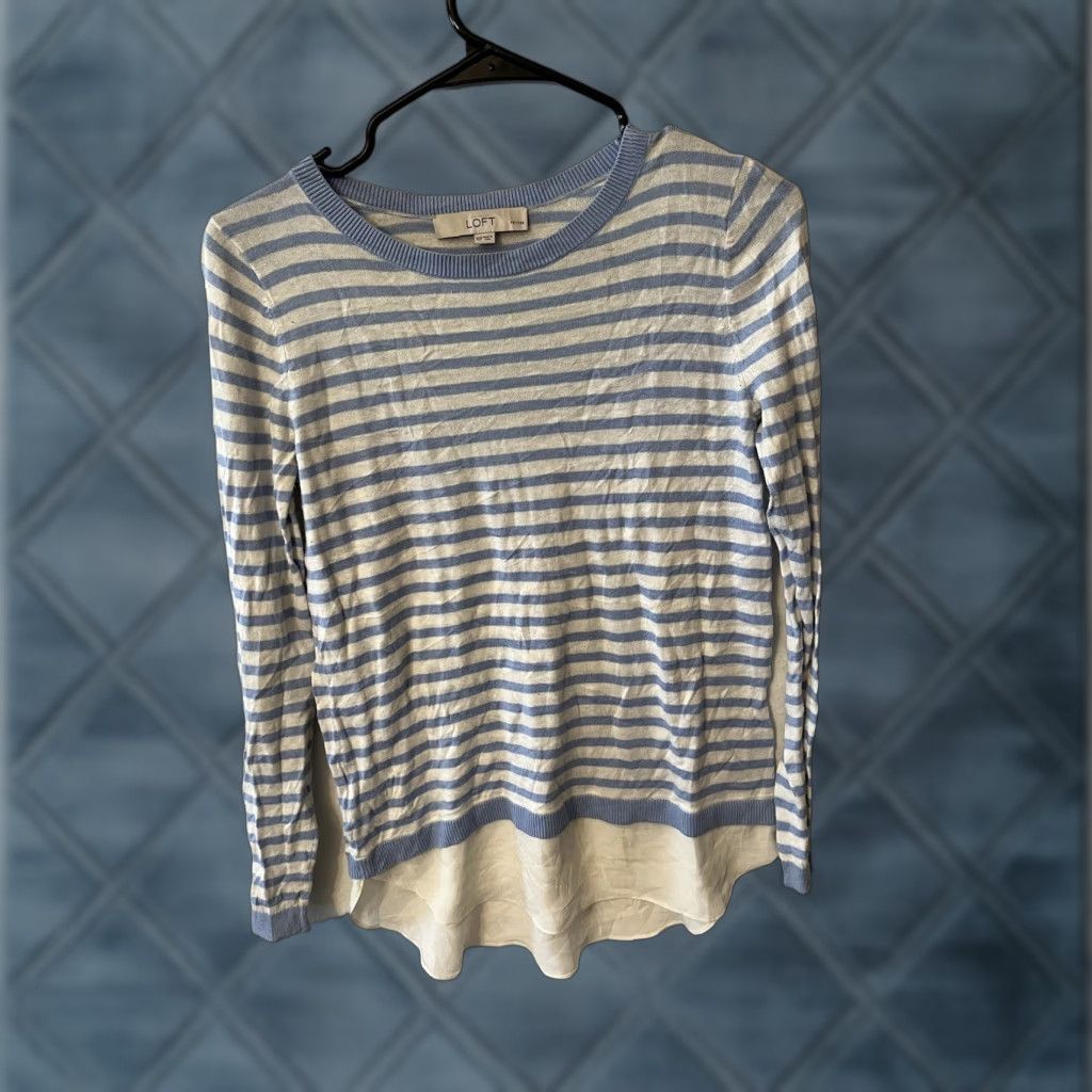 Ann Taylor VINTAGE Ann Taylor Loft Sweater Women PXS Blue Striped Knit Crew Neck Pullover Small Size XS / US 0-2 / IT 36-38 - 1 Thumbnail