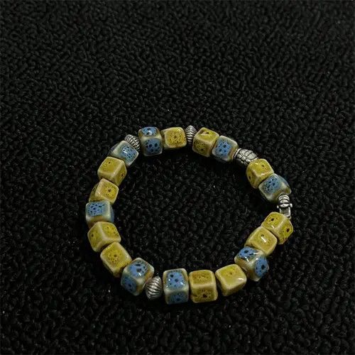 Jewelry Yellow Blue Ceramic Beaded Bracelet, Handmade Beads Size ONE SIZE - 5 Thumbnail