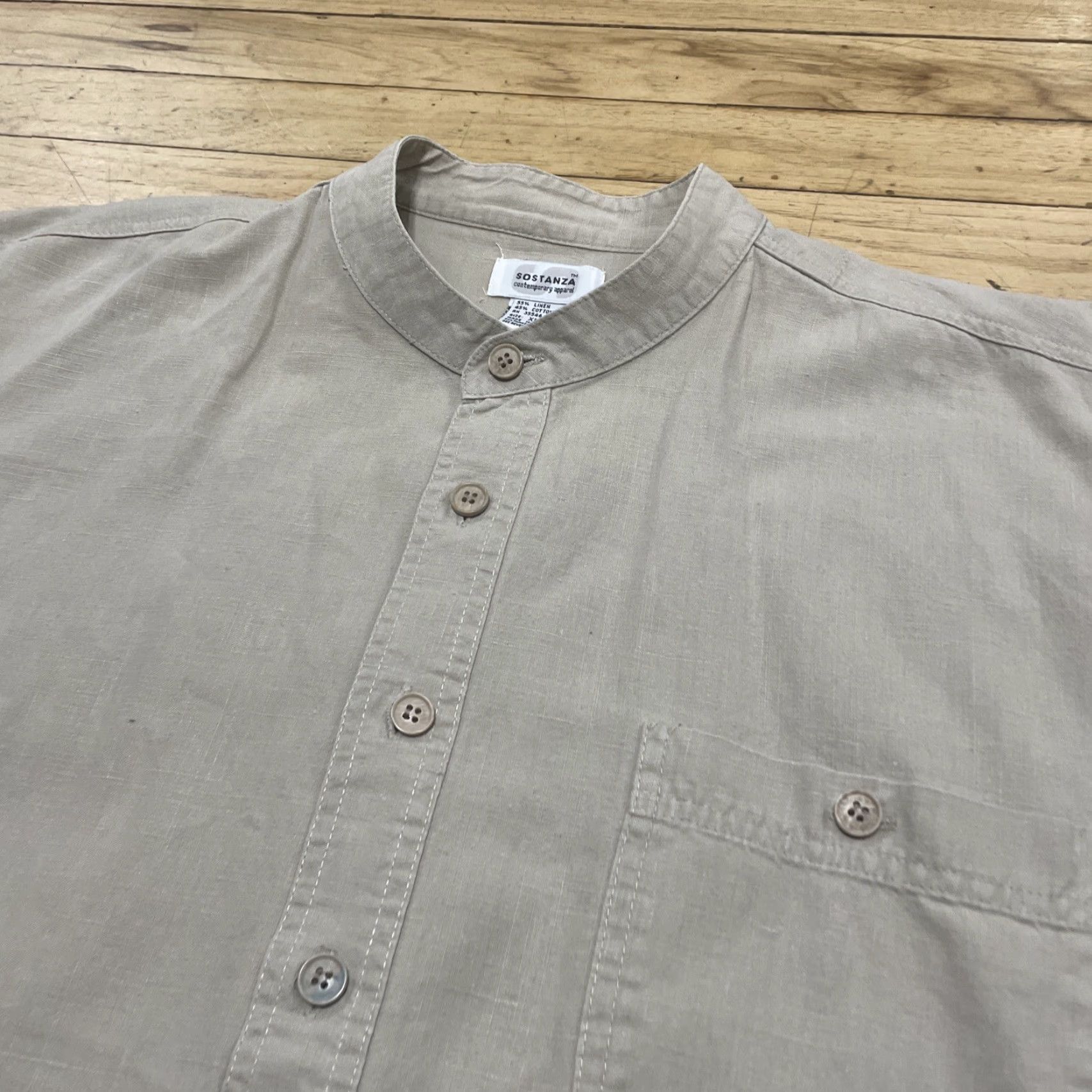 Vintage VINTAGE Sostanza Linen Shirt Men XL Beige No Collar Long Sleeve 90s Size US XL / EU 56 / 4 - 2 Thumbnail