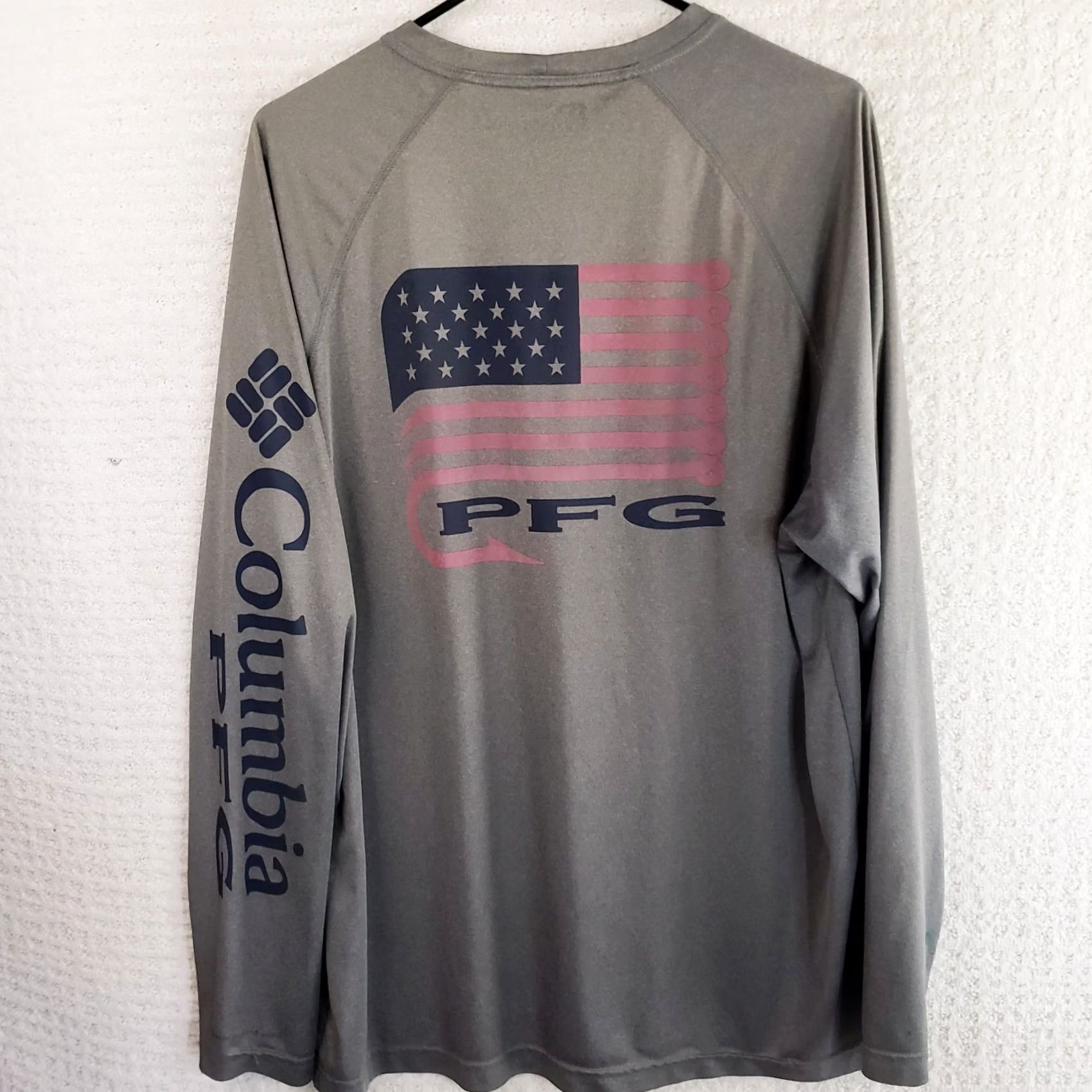 Vintage Columbia PFG Fishing Sun Shirt Men's L American Flag Graphic Long Sleeve Crew T Shirt Mens Regular Lightweight Moisture Wicking 50+SPF Gray Size US L / EU 52-54 / 3 - 6 Thumbnail